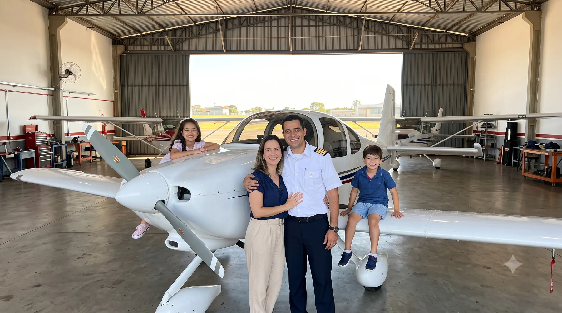Família feliz ao lado do RV-10 no hangar