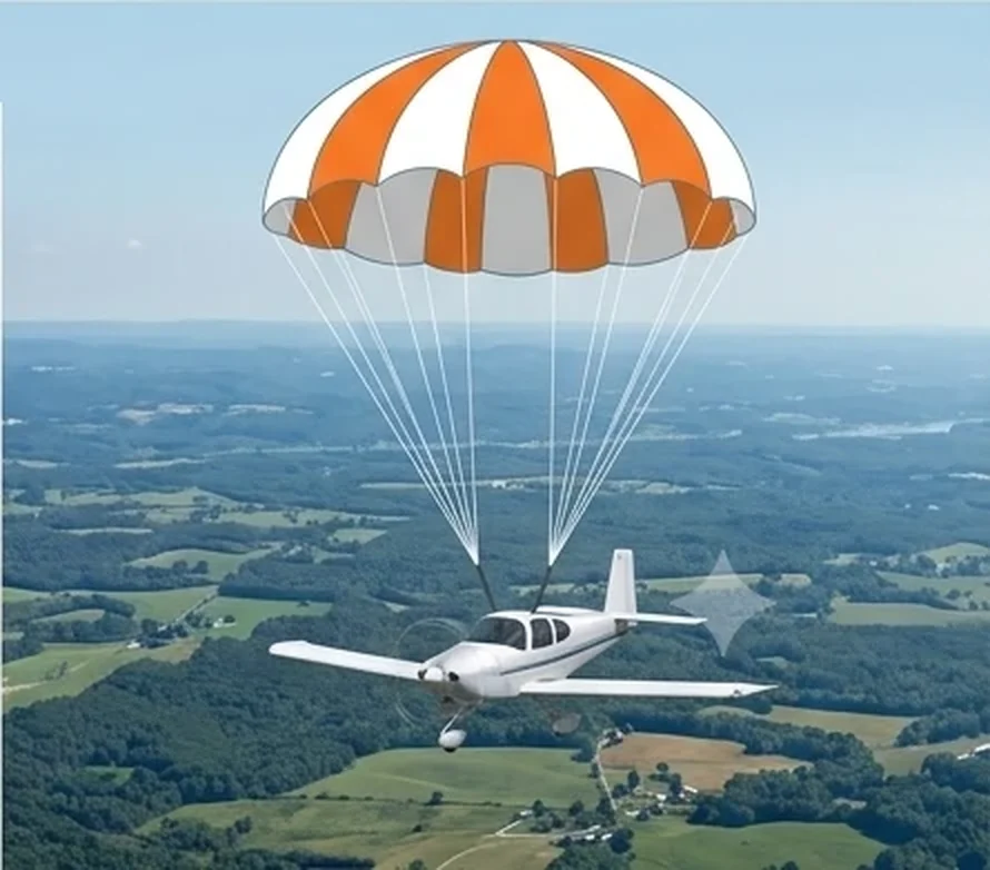 Aeronave descendo sob o velame do paraquedas balístico BRS